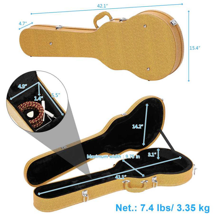 Guitar case with dimensions and weight information on a white background