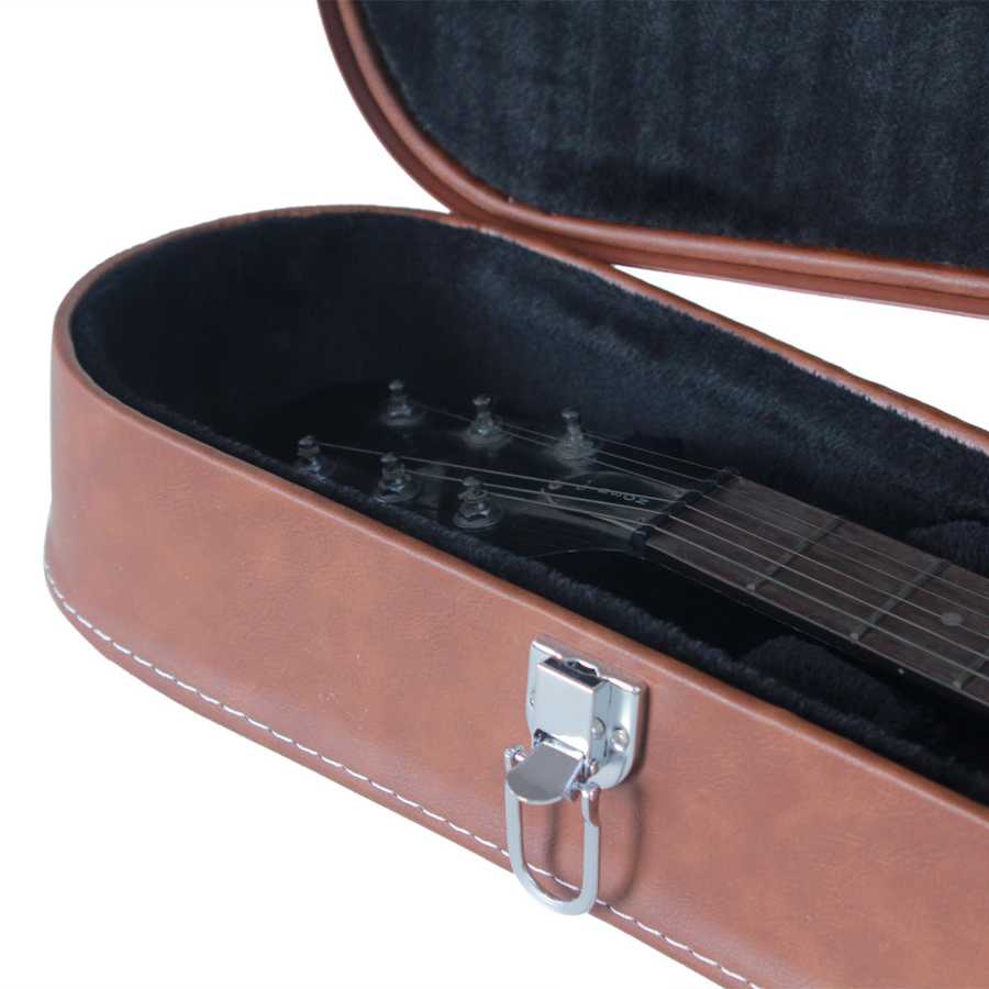 Open guitar case with a guitar inside on a white background