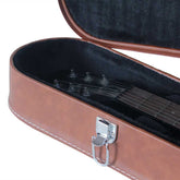 Open guitar case with a guitar inside on a white background