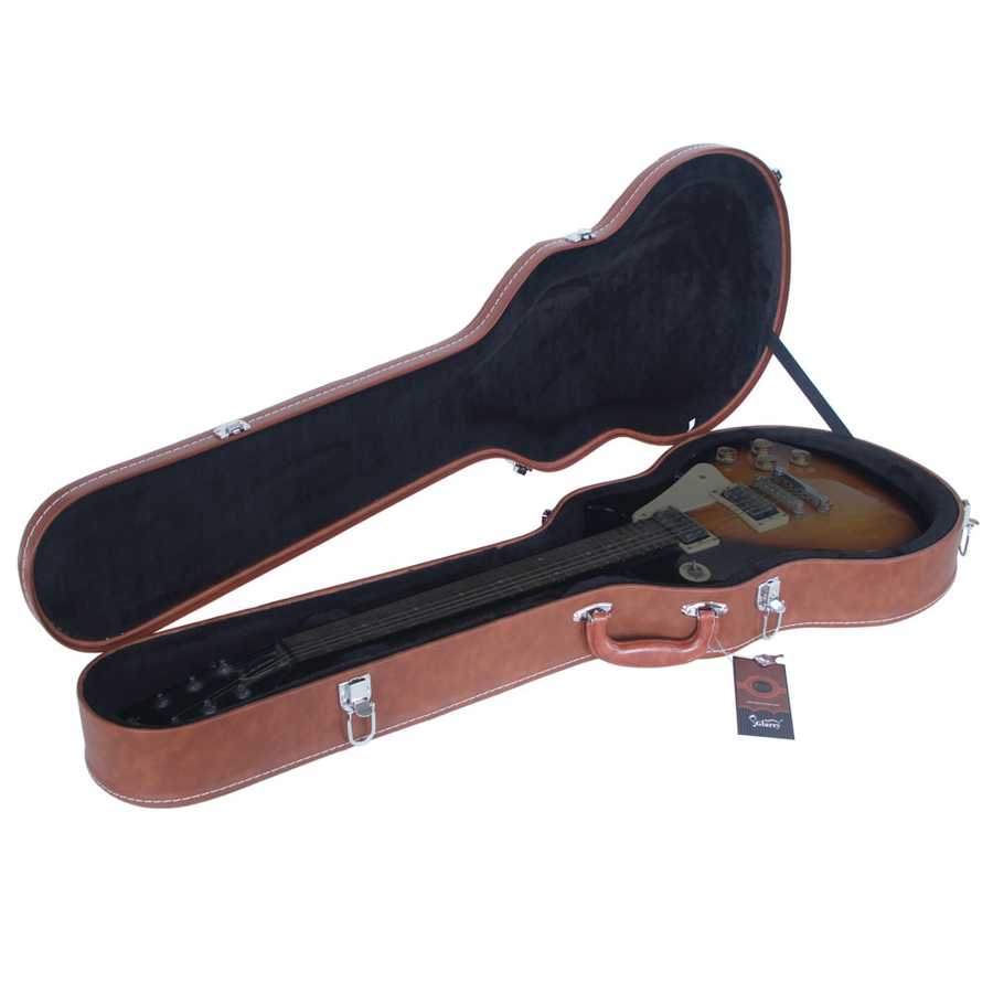 Open brown guitar case with a guitar inside on a white background