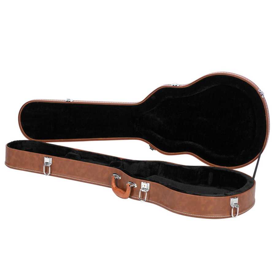Brown guitar case with black interior on a white background