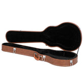 Brown guitar case with black interior on a white background