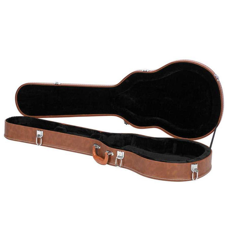Brown guitar case with black interior on a white background