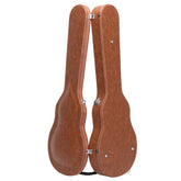 Two brown guitar cases with straps on a white background