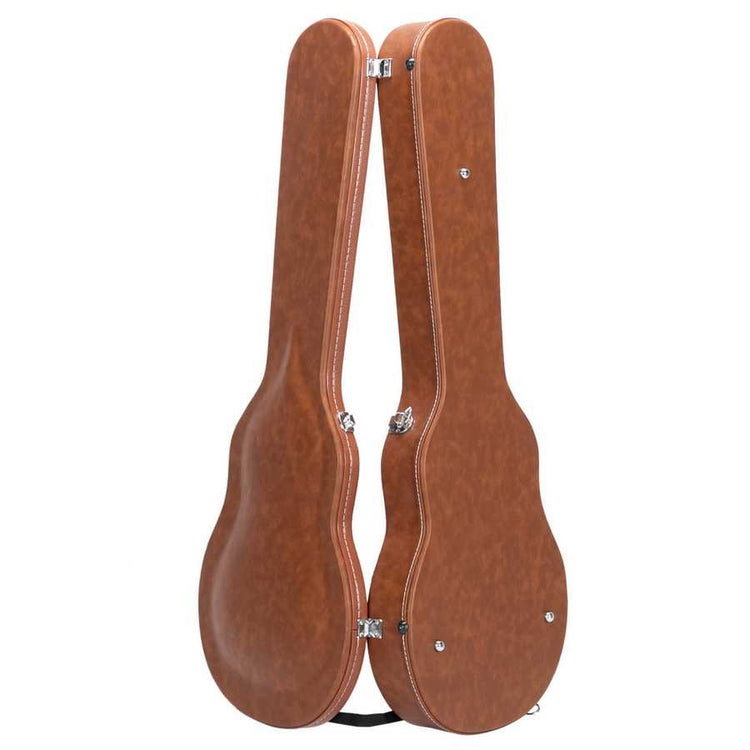Two brown guitar cases with straps on a white background
