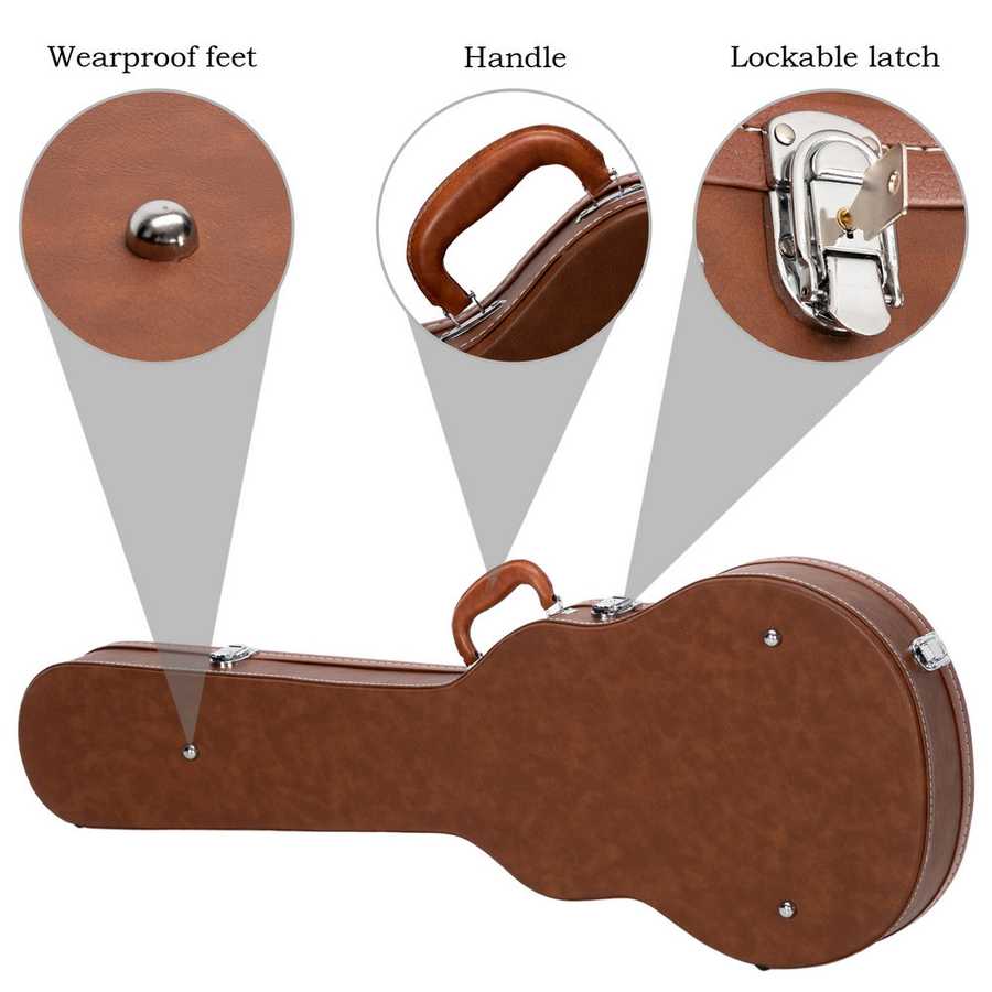 Guitar case with wearproof feet, handle, and lockable latch highlighted.