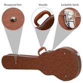 Guitar case with wearproof feet, handle, and lockable latch highlighted.