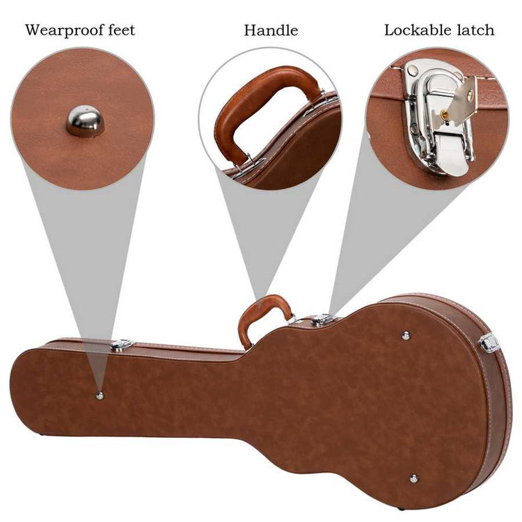 Guitar case with wearproof feet, handle, and lockable latch highlighted.
