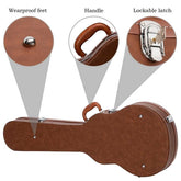 Guitar case with wearproof feet, handle, and lockable latch highlighted.