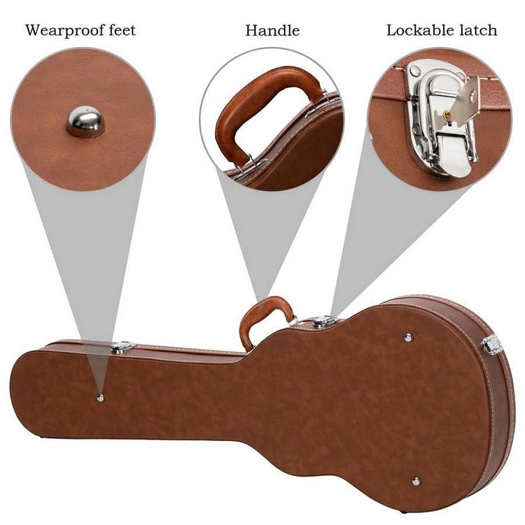 Guitar case with wearproof feet, handle, and lockable latch highlighted.