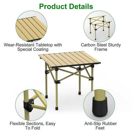 Camping table with wear-resistant tabletop, carbon steel frame, flexible sections, and anti-slip rubber feet on a white background.