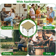Collage of people enjoying outdoor activities with a table in the center, labeled for camping, picnic, fishing, and party use.