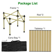 Package list of a portable frame with rods, tabletop, and carry bag on a white background.