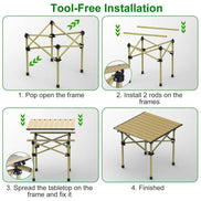 Step-by-step guide on how to assemble a portable folding table with tool-free installation.