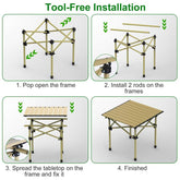 Step-by-step guide on how to assemble a portable folding table with tool-free installation.