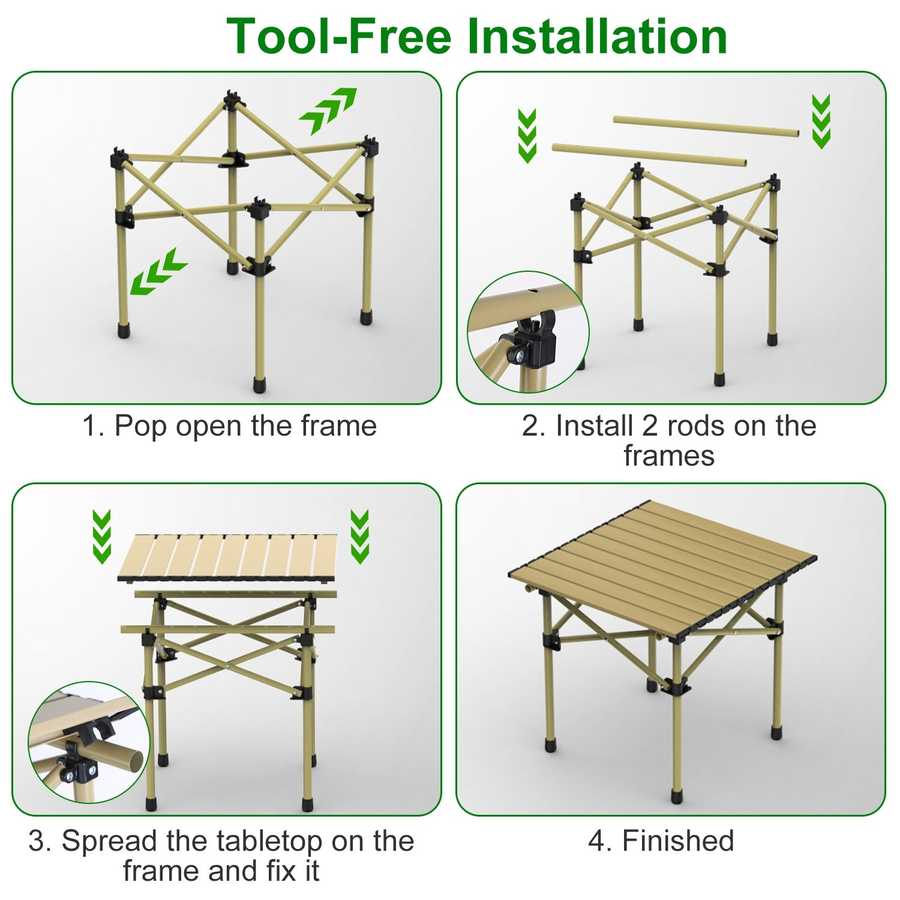 Step-by-step guide on how to assemble a portable folding table with tool-free installation.