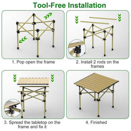 Step-by-step guide on how to assemble a portable folding table with tool-free installation.