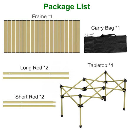 Package list of a frame with frame, long rod, short rod, carry bag, and tabletop on a white background.