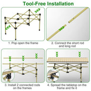 Step-by-step guide for tool-free installation of a portable table frame.