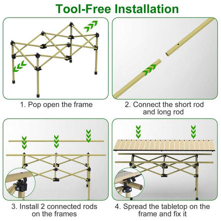 Step-by-step guide for tool-free installation of a portable table frame.