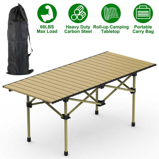 Roll-up camping table with features listed on a white background