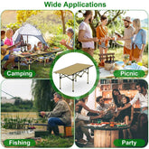 Collage of people using a portable folding table in various settings including camping, picnic, fishing, and party.