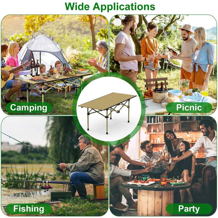 Collage of people using a portable folding table in various settings including camping, picnic, fishing, and party.