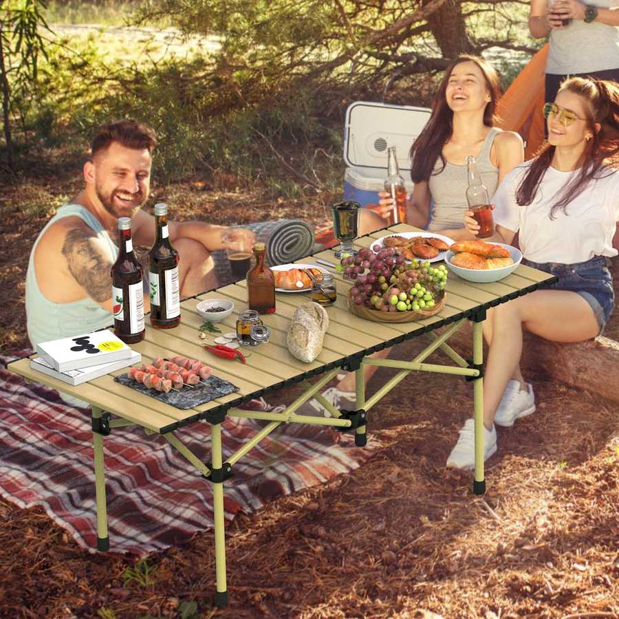 Group of people enjoying a picnic outdoors with a wooden folding table.
