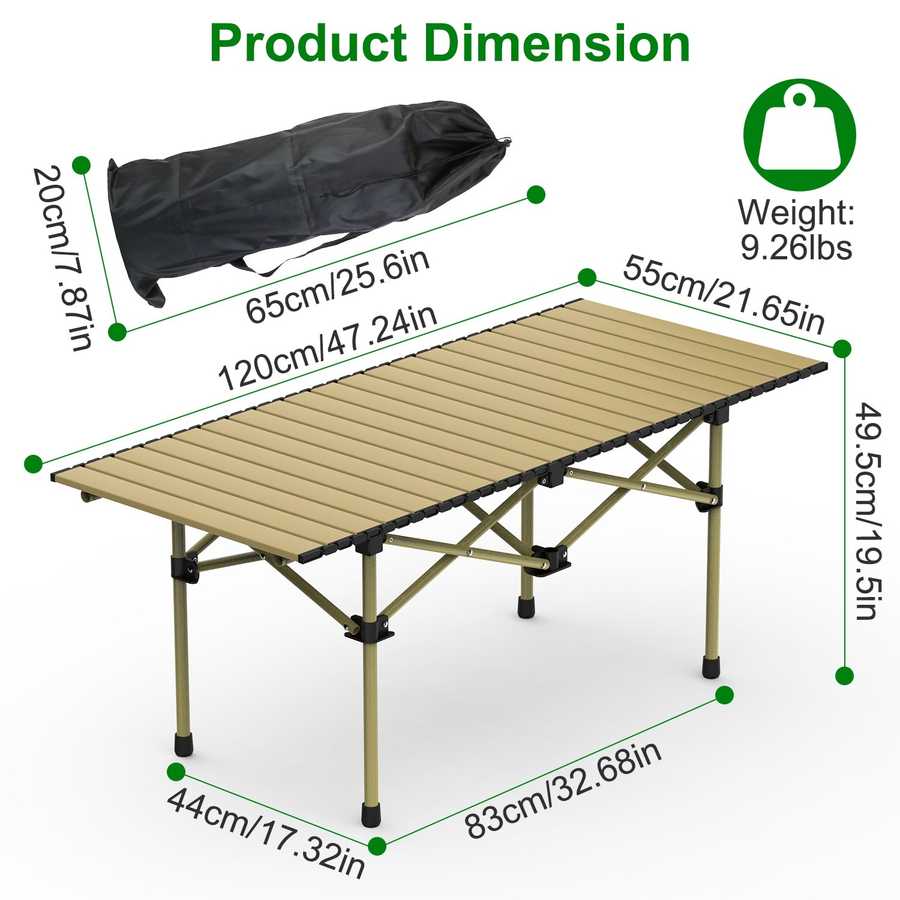 Camping table with dimensions and weight displayed