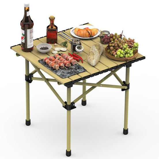 Portable folding table with food items on a white background