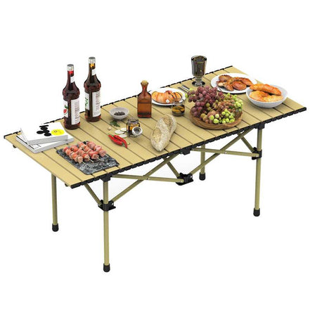 Portable folding table with food and drinks on a white background