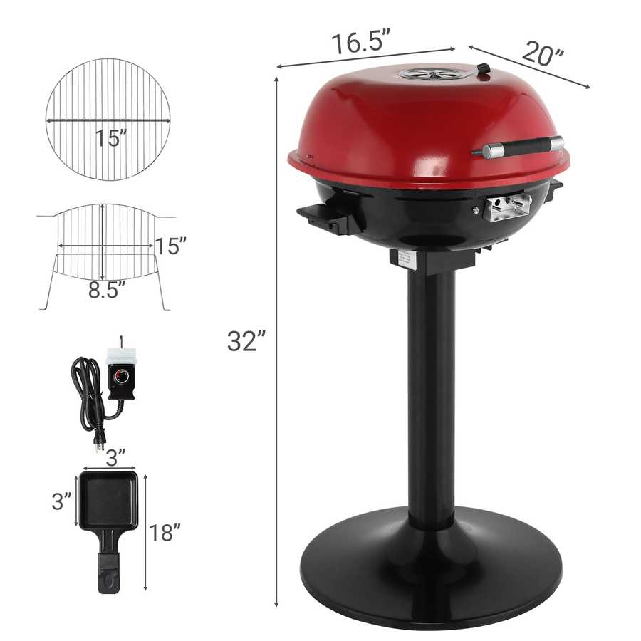 Red portable grill with dimensions and accessories on a white background