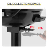 Oil collection device with a hand holding a small container, labeled &
