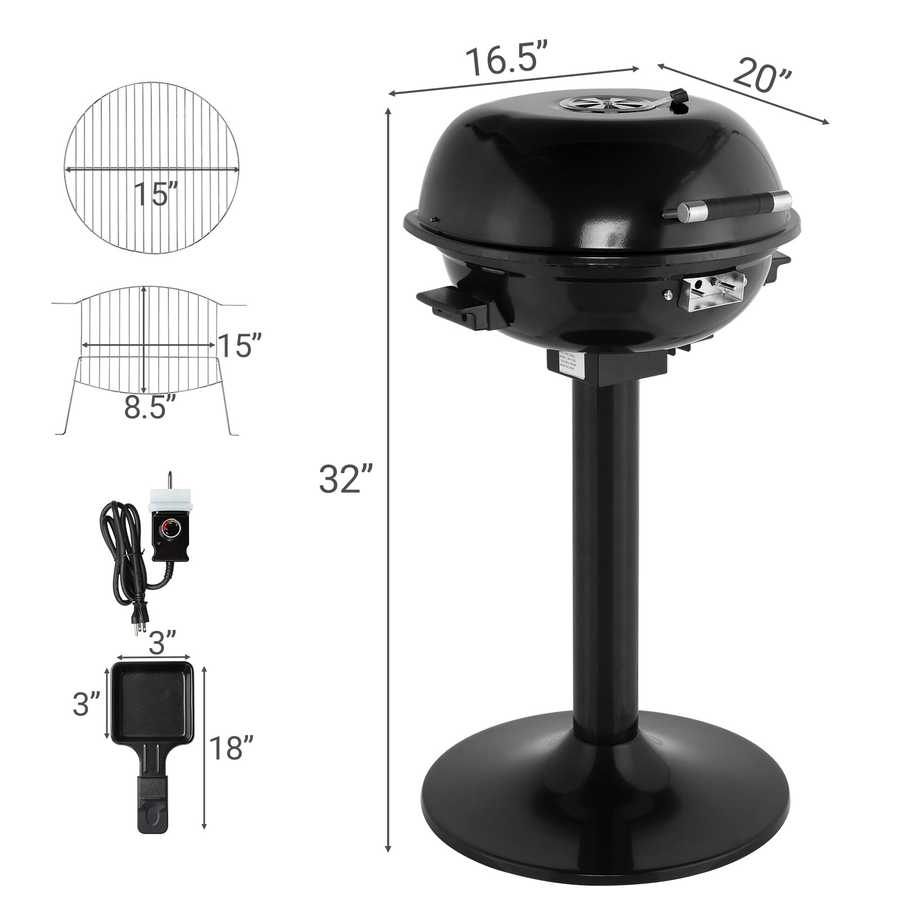 Black portable grill with dimensions and features on a white background