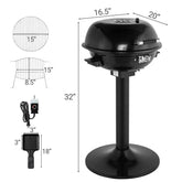 Black portable grill with dimensions and features on a white background