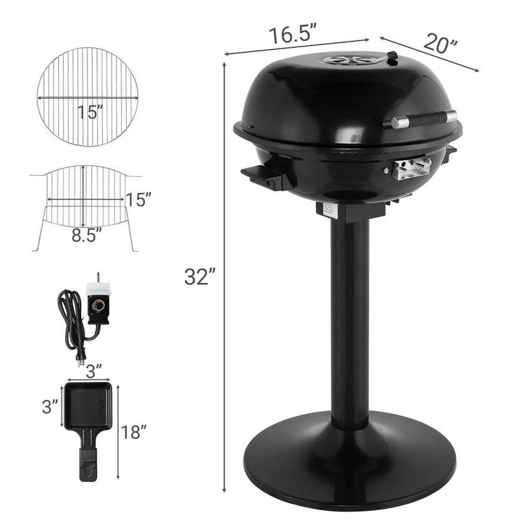 Black portable grill with dimensions and features on a white background