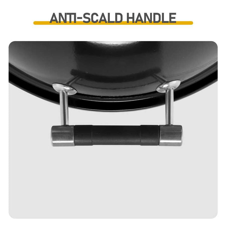Anti-scald handle on a pot with text label