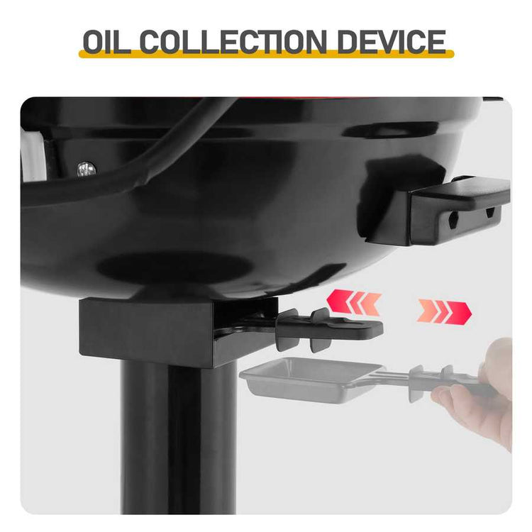 Oil collection device with a hand holding a small container, labeled &