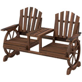 Wooden bench with wagon wheel design on a white background