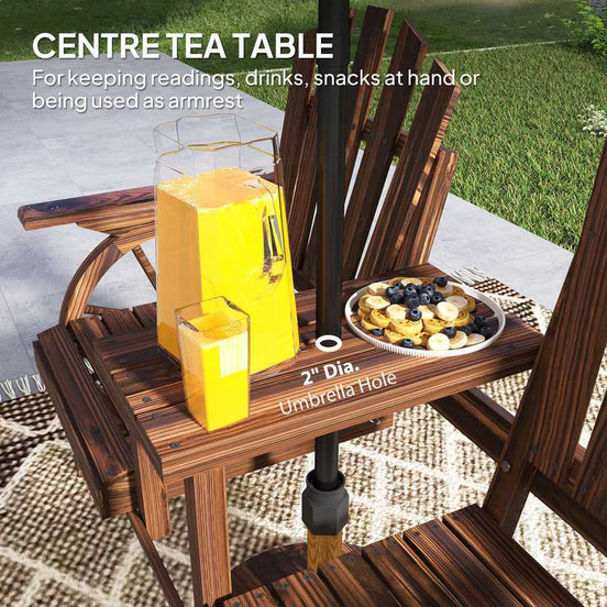 Wooden centre tea table with drinks and snacks on a patio setting