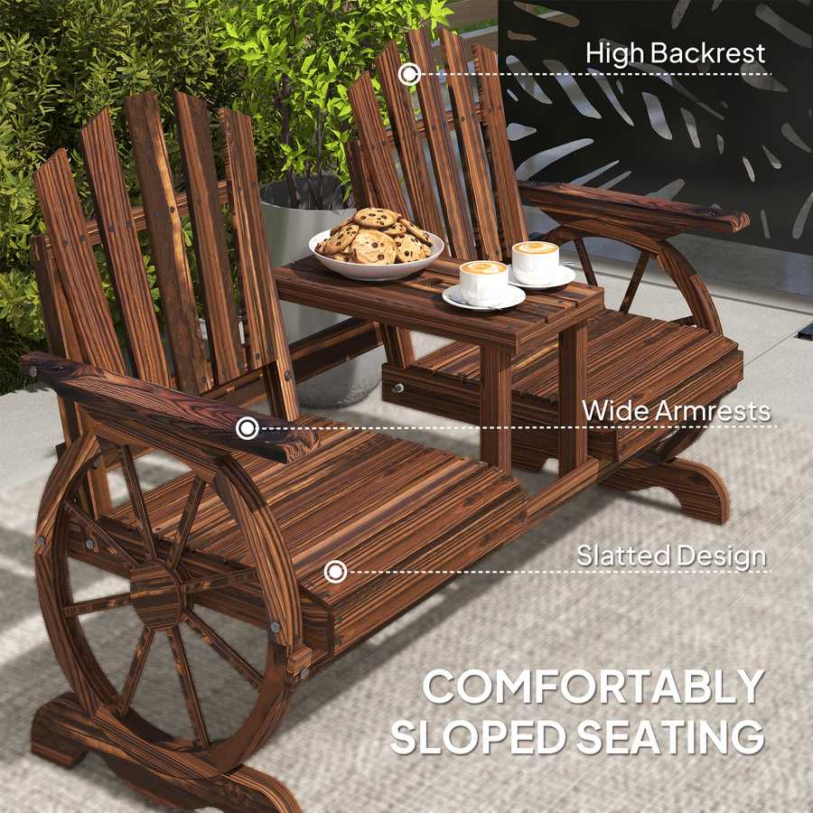 Wooden chair with high backrest, wide armrests, slatted design, and a wheel detail on a patio setting.