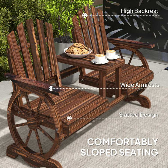 Wooden chair with high backrest, wide armrests, slatted design, and a wheel detail on a patio setting.