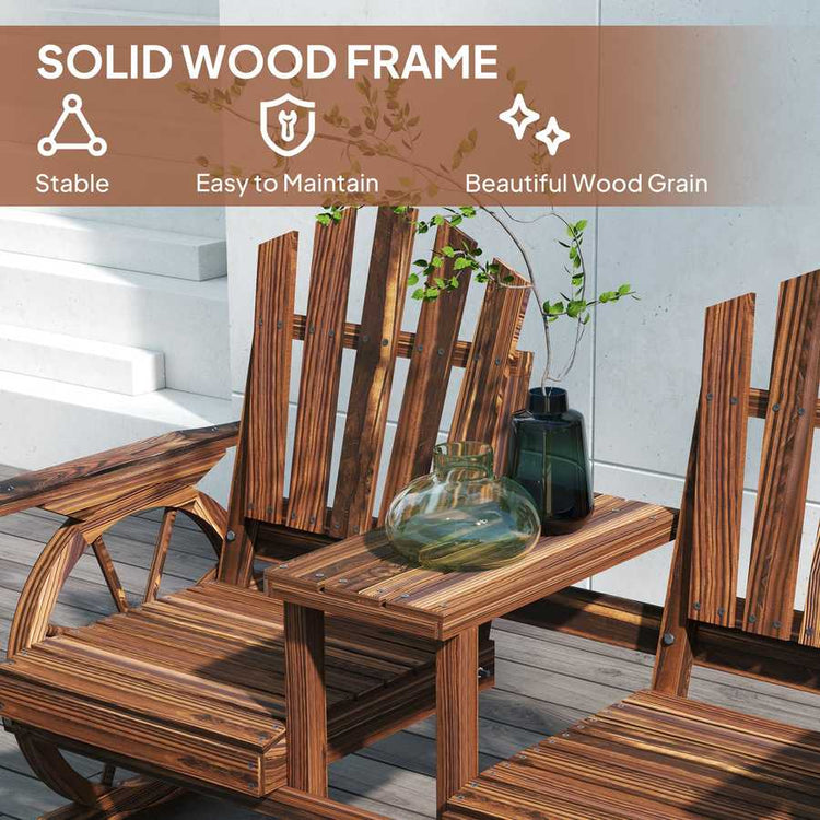 Wooden outdoor furniture set with chairs and a table on a patio.