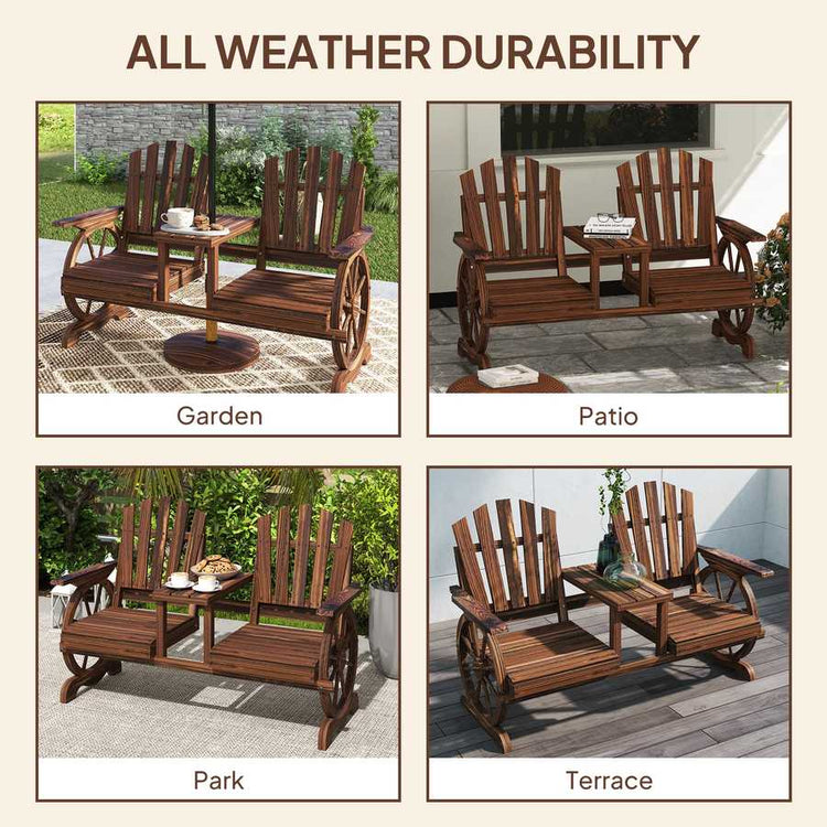Wooden outdoor furniture set with table and chairs labeled for different outdoor settings.