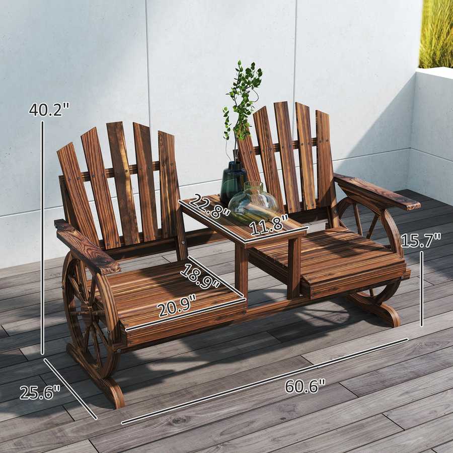 Wooden outdoor chairs with table and measurements on a wooden deck.