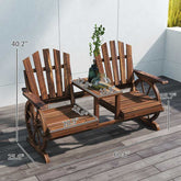 Wooden outdoor chairs with table and measurements on a wooden deck.