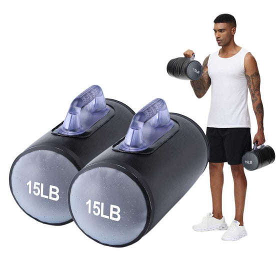 30lb Adjustable Water Dumbbells pair with 15lb each, shown with a man lifting them for fitness training. Ideal for portable strength workouts.