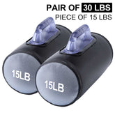 Close-up of 30lb Adjustable Water Dumbbells pair, each 15lb, designed for portable fitness training and easy customization on the go.