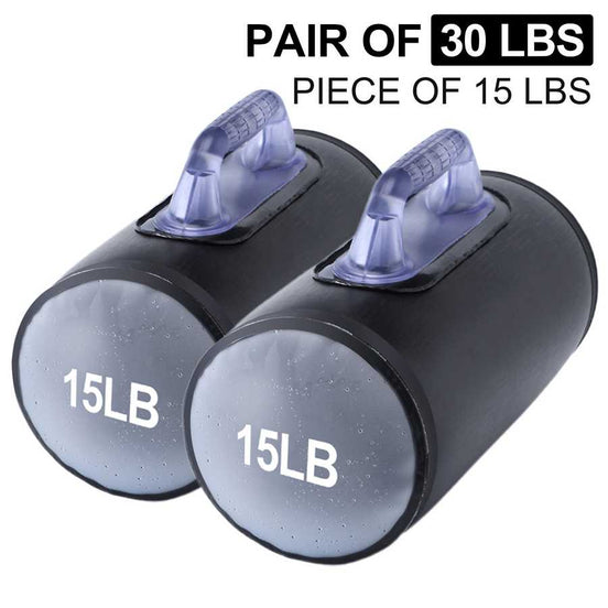 Close-up of 30lb Adjustable Water Dumbbells pair, each 15lb, designed for portable fitness training and easy customization on the go.