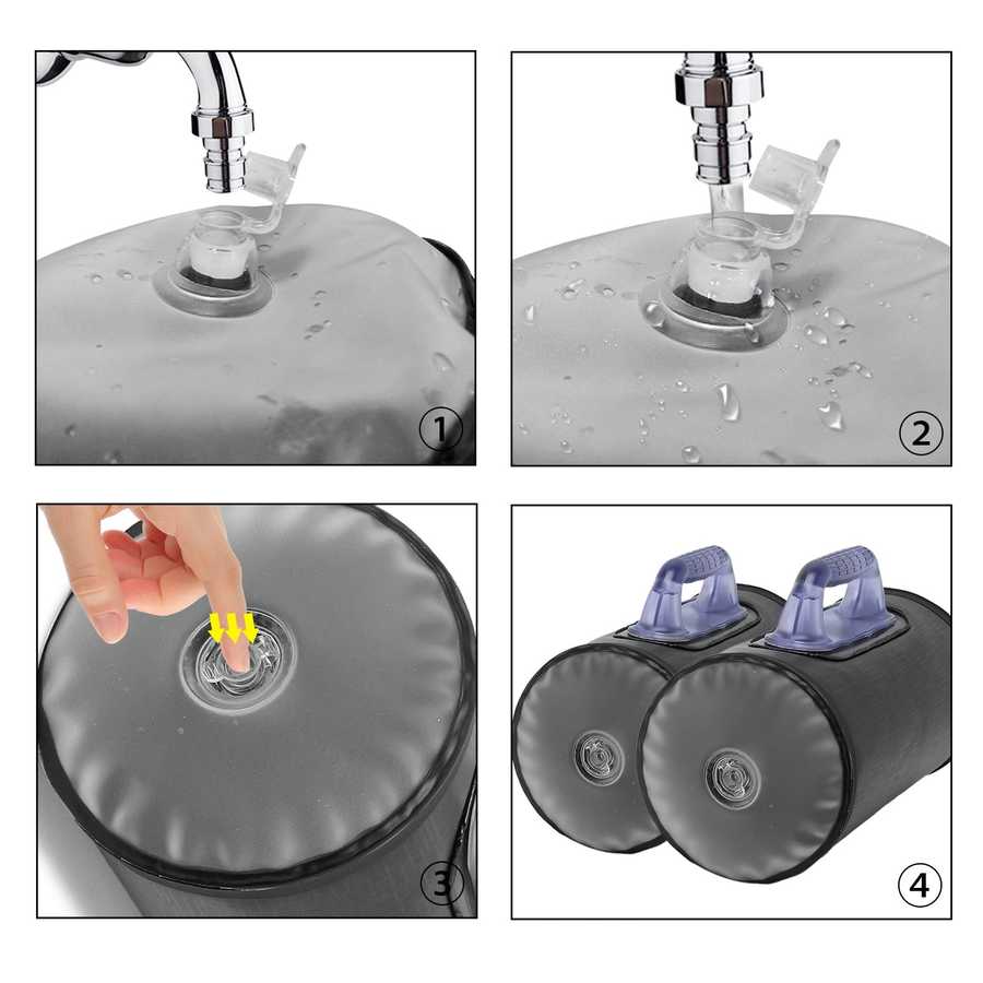 Step-by-step guide showing how to fill the 30lb Adjustable Water Dumbbells with water for customizable weight training.